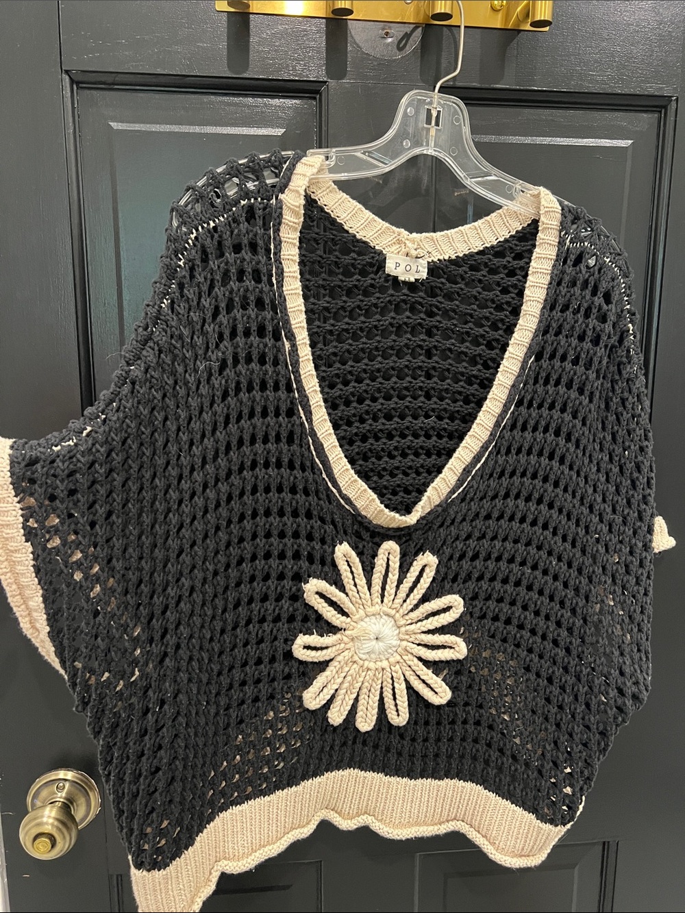 POL Black Crochet V-Neck Sweater with Cream Trim and Daisy Applique